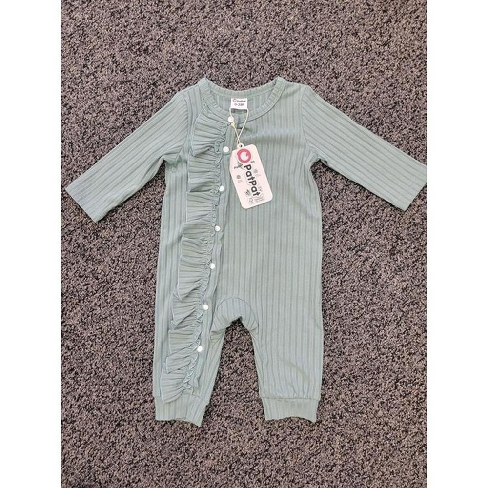 Baby Ruffle Romper With Ribbed Fabric - Long Sleeve Sage Green 9-12 months